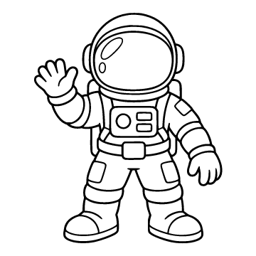 Astronaut colouring page for ages 3–5: a black outline drawing to print and colour