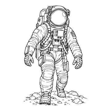 Astronaut colouring page for ages 9+: a black outline drawing to print and colour