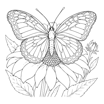 Butterfly colouring page for ages 9+: a black outline drawing to print and colour