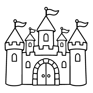 Castle colouring page for ages 3–5: a black outline drawing to print and colour