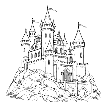 Castle colouring page for ages 9+: a black outline drawing to print and colour