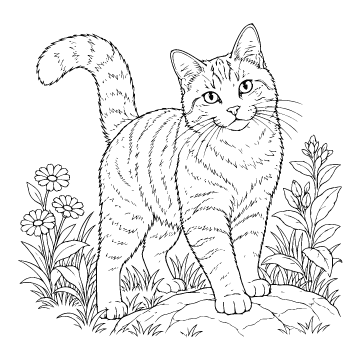 Cat colouring page for ages 9+: a black outline drawing to print and colour