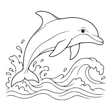 Dolphin colouring page for ages 6–8: a black outline drawing to print and colour