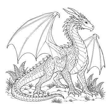 Dragon colouring page for ages 9+: a black outline drawing to print and colour