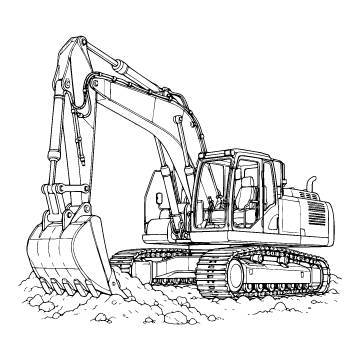 Excavator colouring page for ages 9+: a black outline drawing to print and colour