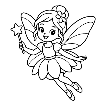 Fairy colouring page for ages 3–5: a black outline drawing to print and colour