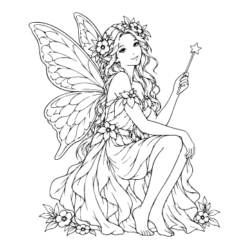 Fairy colouring page for ages 9+: a black outline drawing to print and colour
