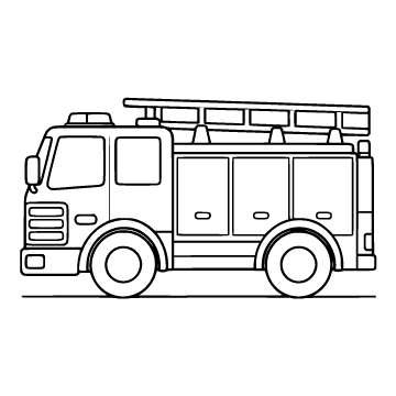 Fire engine colouring page for ages 6–8: a black outline drawing to print and colour
