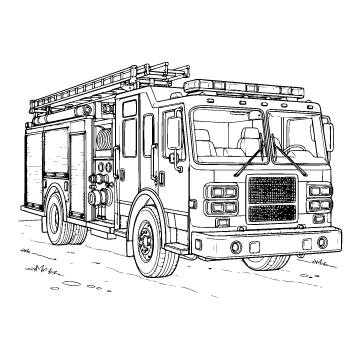 Fire engine colouring page for ages 9+: a black outline drawing to print and colour