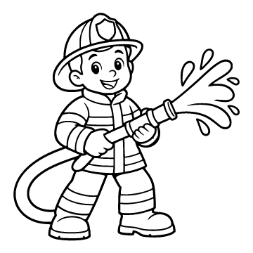 Firefighter colouring page for ages 3–5: a black outline drawing to print and colour