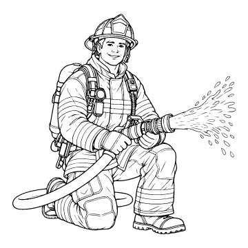Firefighter colouring page for ages 9+: a black outline drawing to print and colour