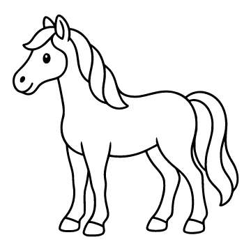 Horse colouring page for ages 3–5: a black outline drawing to print and colour