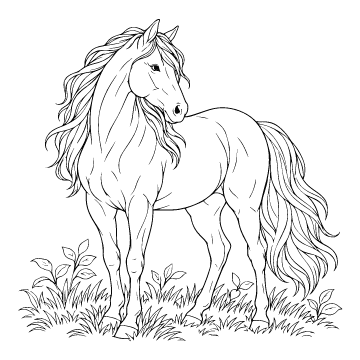 Horse colouring page for ages 9+: a black outline drawing to print and colour