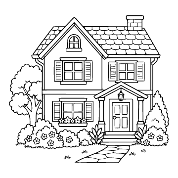 House colouring page for ages 6–8: a black outline drawing to print and colour