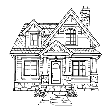 House colouring page for ages 9+: a black outline drawing to print and colour