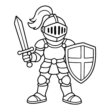 Knight colouring page for ages 3–5: a black outline drawing to print and colour