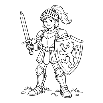 Knight colouring page for ages 6–8: a black outline drawing to print and colour