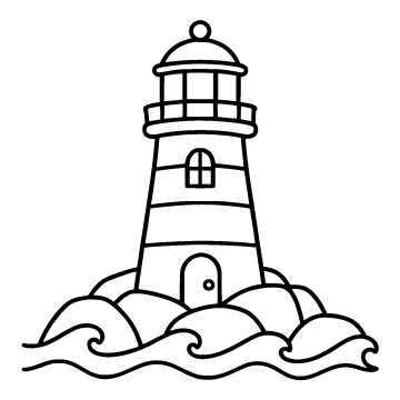Lighthouse colouring page for ages 3–5: a black outline drawing to print and colour