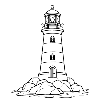Lighthouse colouring page for ages 6–8: a black outline drawing to print and colour