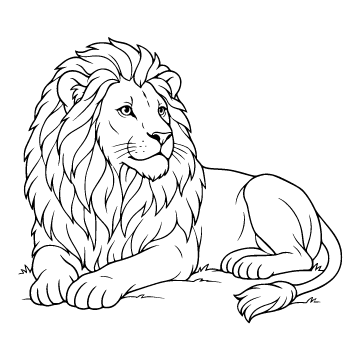 Lion colouring page for ages 6–8: a black outline drawing to print and colour