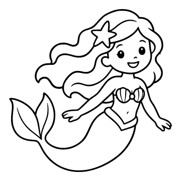 Mermaid colouring page for ages 3–5: a black outline drawing to print and colour