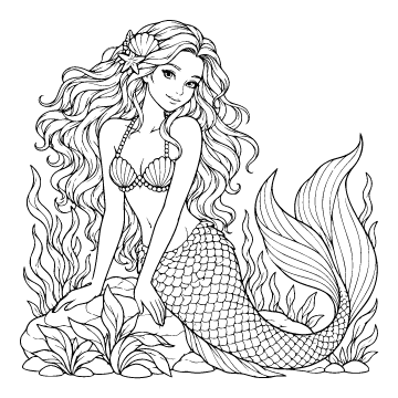 Mermaid colouring page for ages 9+: a black outline drawing to print and colour