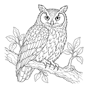 Owl colouring page for ages 9+: a black outline drawing to print and colour