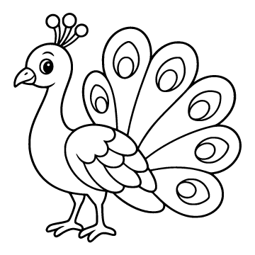 Peacock colouring page for ages 3–5: a black outline drawing to print and colour