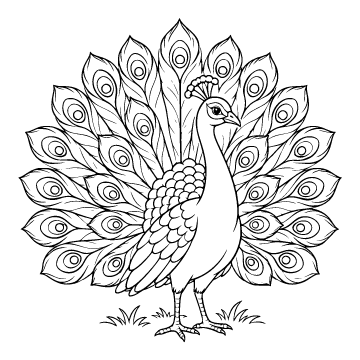 Peacock colouring page for ages 6–8: a black outline drawing to print and colour