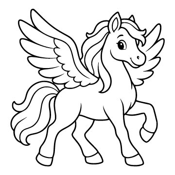 Pegasus colouring page for ages 3–5: a black outline drawing to print and colour