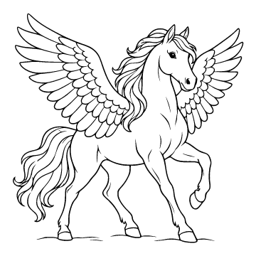 Pegasus colouring page for ages 6–8: a black outline drawing to print and colour