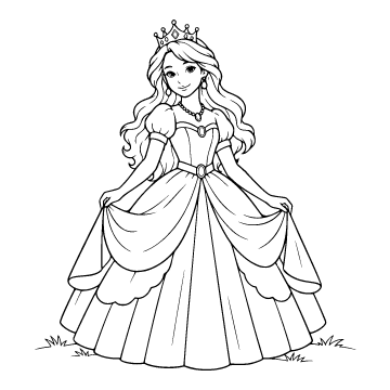Princess colouring page for ages 6–8: a black outline drawing to print and colour