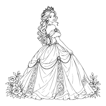 Princess colouring page for ages 9+: a black outline drawing to print and colour