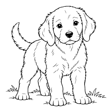Puppy colouring page for ages 6–8: a black outline drawing to print and colour