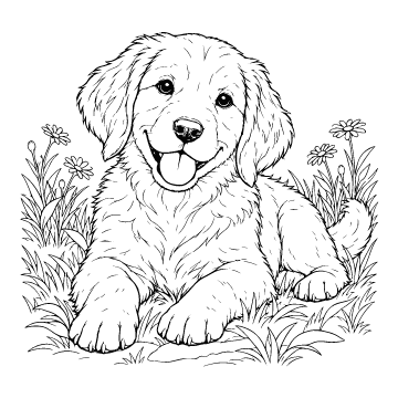 Puppy colouring page for ages 9+: a black outline drawing to print and colour