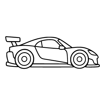Race car colouring page for ages 3–5: a black outline drawing to print and colour