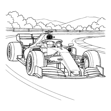 Race car colouring page for ages 9+: a black outline drawing to print and colour