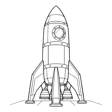 Rocket colouring page for ages 6–8: a black outline drawing to print and colour