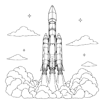 Rocket colouring page for ages 9+: a black outline drawing to print and colour