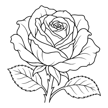 Rose colouring page for ages 6–8: a black outline drawing to print and colour