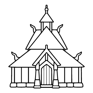 Stave church colouring page for ages 3–5: a black outline drawing to print and colour