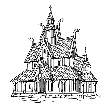 Stave church colouring page for ages 6–8: a black outline drawing to print and colour