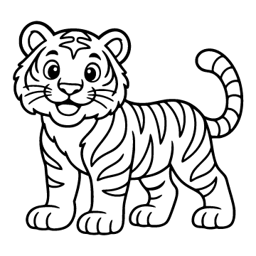 Tiger colouring page for ages 3–5: a black outline drawing to print and colour