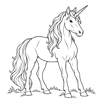 Unicorn colouring page for ages 6–8: a black outline drawing to print and colour