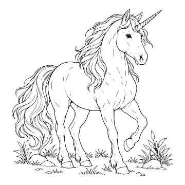 Unicorn colouring page for ages 9+: a black outline drawing to print and colour