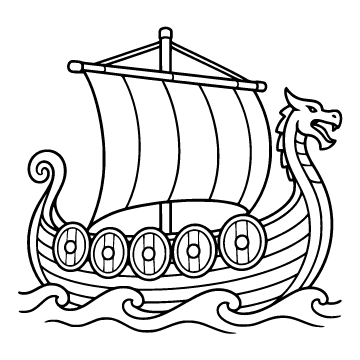 Viking ship colouring page for ages 3–5: a black outline drawing to print and colour