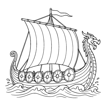Viking ship colouring page for ages 6–8: a black outline drawing to print and colour