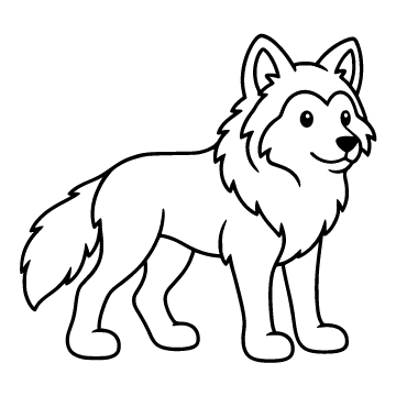 Wolf colouring page for ages 3–5: a black outline drawing to print and colour