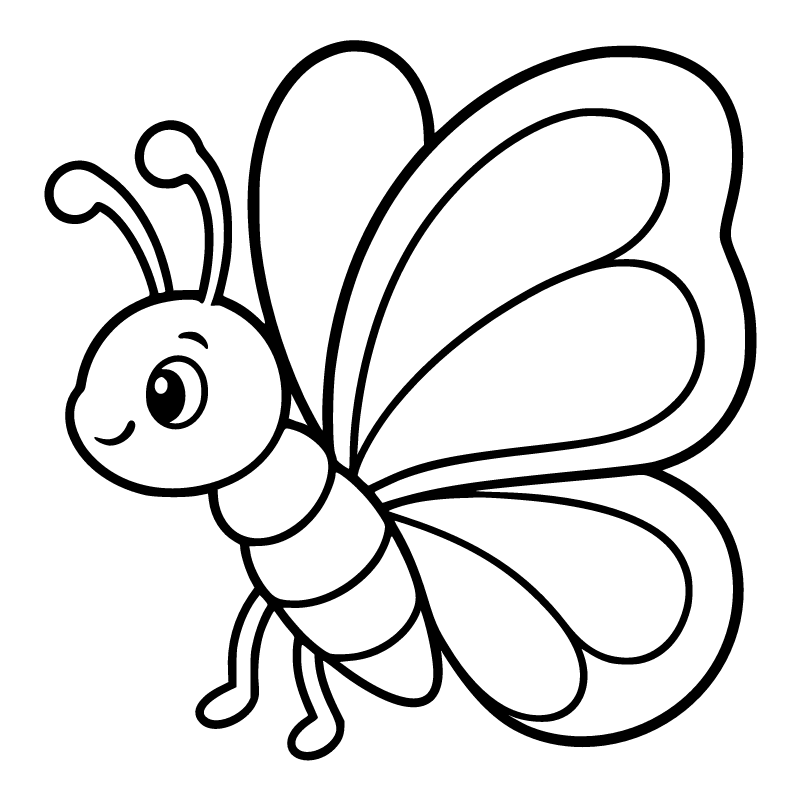 Butterfly colouring page for ages 3–5: a black outline drawing to print and colour
