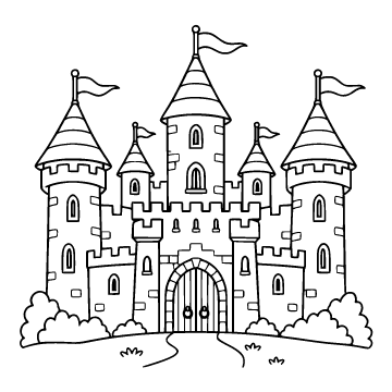 Castle colouring page for ages 6–8: a black outline drawing to print and colour